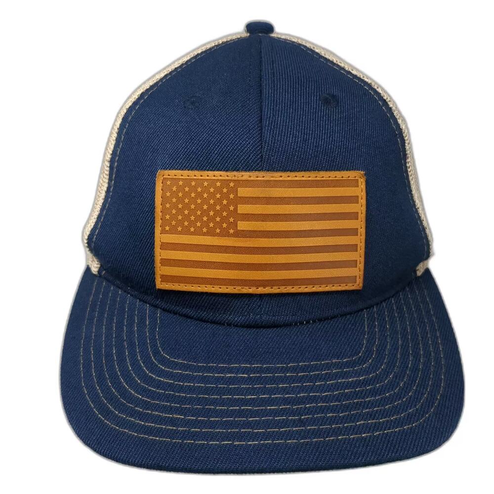 Wild Wear Trucker Hat Blue Beige OS American Flag Leather Patch Mesh Adjustable